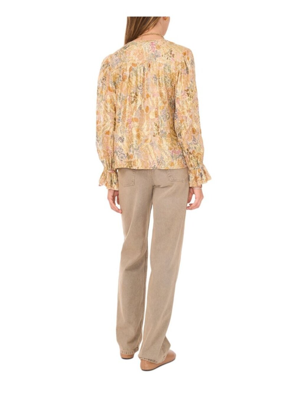 1.STATE Women's Printed Button-Front Long Sleeve Blouse Spice Beige Size S $89 - Picture 4 of 5
